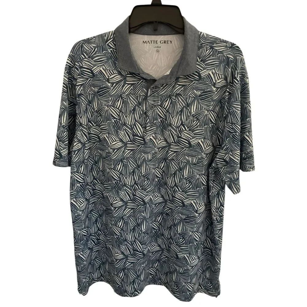 Matte Grey Blue Leaf-Print Polo Shirt Men’s Size L